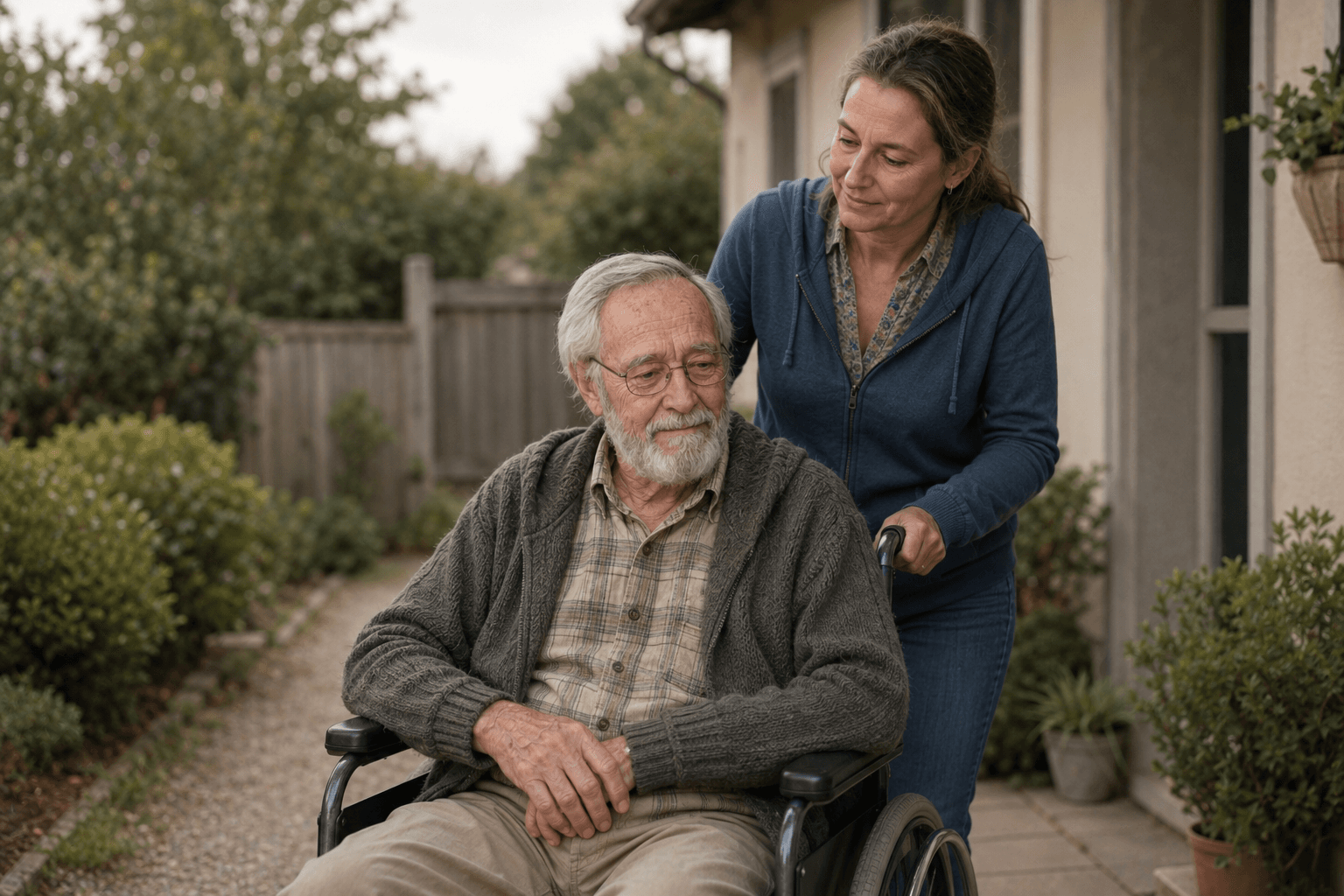 Eine Tochter begleitet ihren älteren Vater im Rollstuhl vor seinem Zuhause.